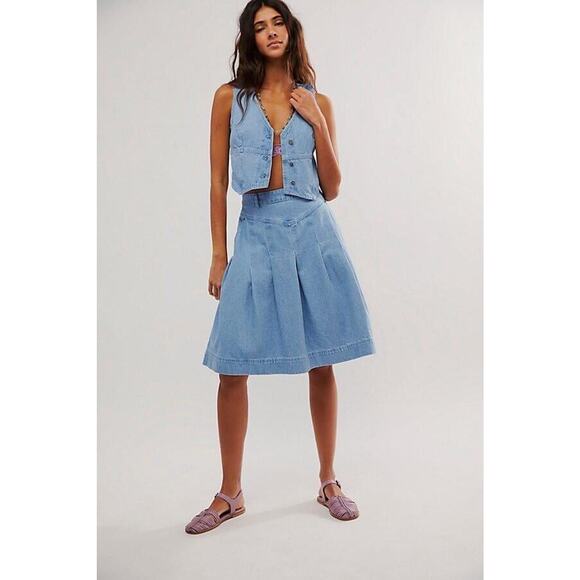 Free People Scout Denim Skirt Set Size 6 Light Indigo Vest Skirt Outfit